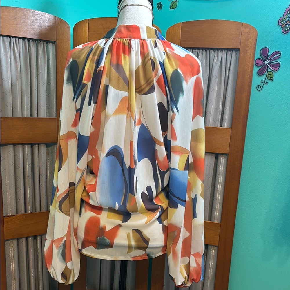 Sissyaki Orange and Blue Buttoned Blouse with Notched Collar - Picture 8 of 11